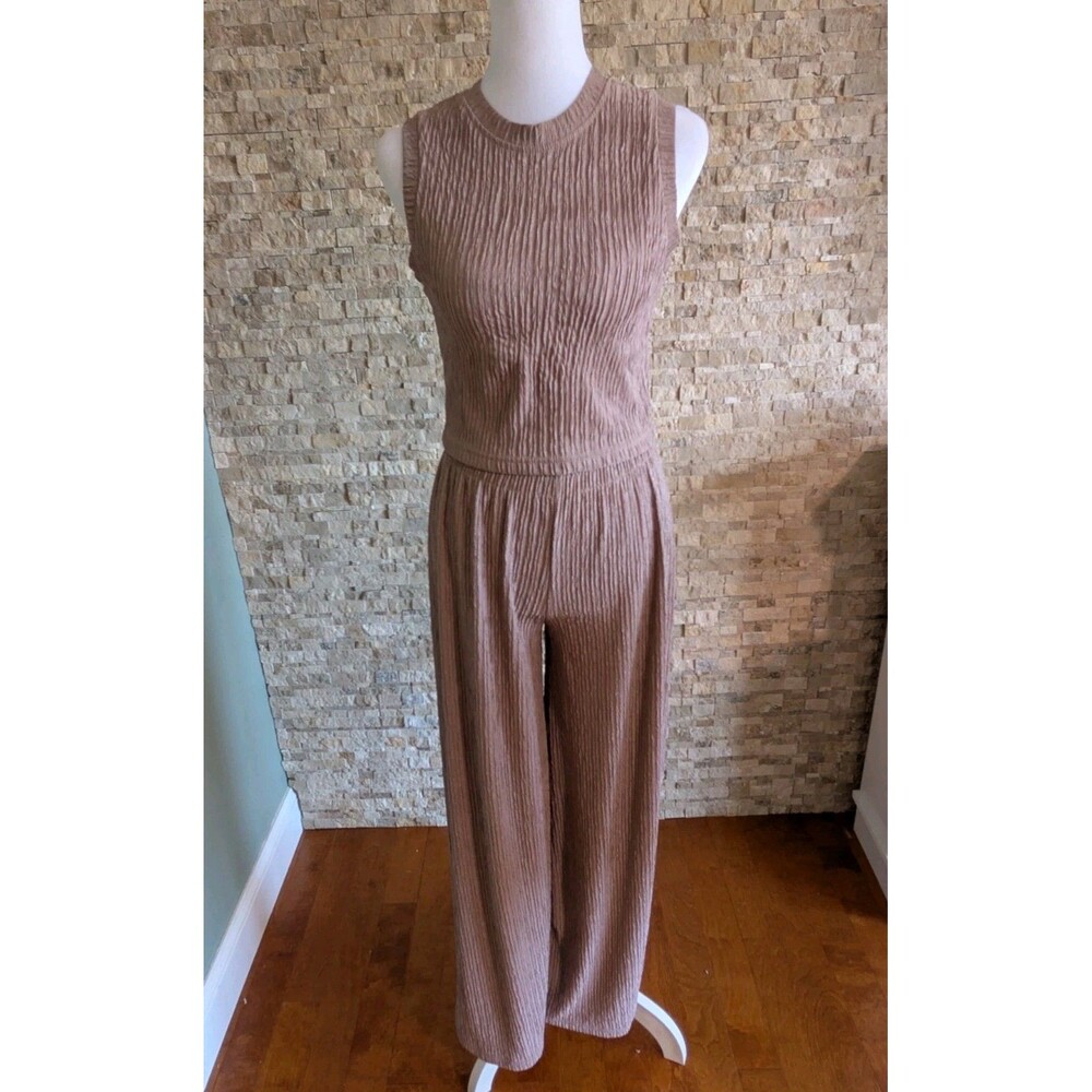 Women's Neutral Textured Taupe Ribbed Tank Wide Leg Pull On Pants Set Vacation